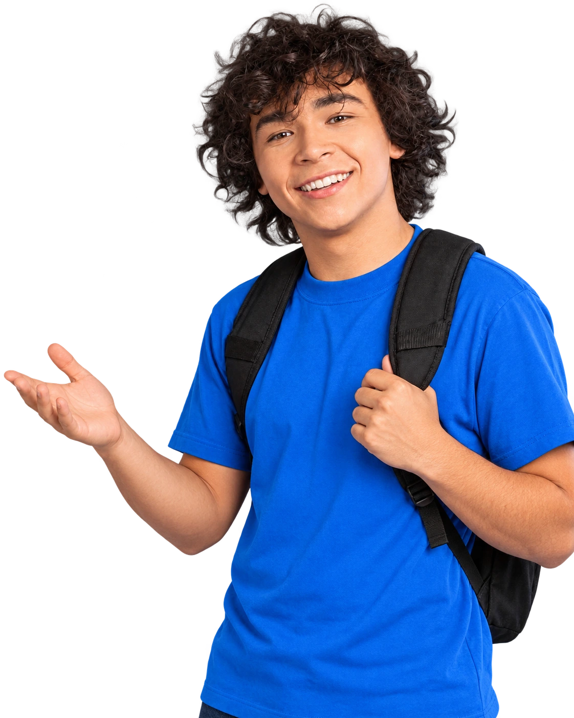 Student v modrém tričku zve otevřeným gestem k objevování techniky